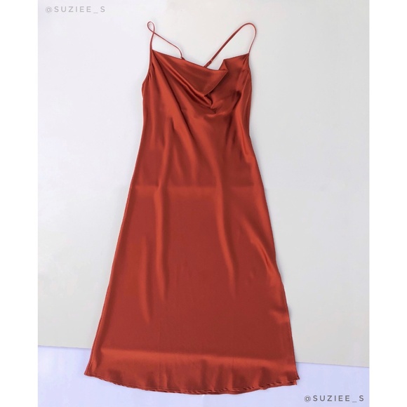 Andamane Delphina Rust Red Orange Silk Satin Slip Midi Dress Side Slit  M NWT - Picture 6 of 16
